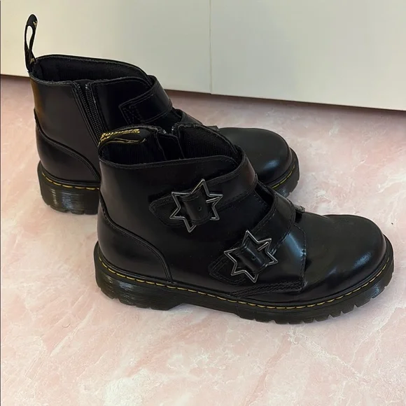 Dr. Martens Black Leather Boots with Star Buckles, side zip - Picture 8 of 10